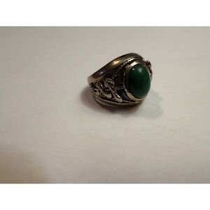 Vintage Snake Ring Green Cabochon Stone Silver Tone Signet Statement Size 11